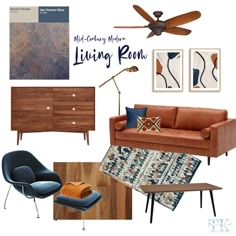 a living room with brown furniture and blue accents