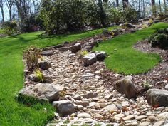 a stone path in the middle of a grassy area with trees and bushes behind it