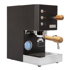 an espresso machine with a wooden handle