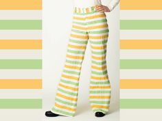 "These one of a kind vintage pants could be the perfect look for a Saint Patrick's Day celebration. With these festive pants, you'll be dancing a jig in no time! DETAILS Era: 1960's Designer: handmade (no tag) Made In: - Colors: White, Green, Orange Material: -  Tag Size: - Modern Fit: Women's size 4  Stretch: no Lined: no Closure: Button fly with hook and bar and inner jigger button Care Instructions: - Features: Right bum pocket, 4 buttons on fly, the green and orange fabrics puff out white the white fabric lies flat giving a bumpy feeling if the pants fit tight, the pants have a raw hem Garment is is in excellent vintage condition MEASUREMENTS (Measurements are taken with the garment laying flat) Waist: 15\" Hips: 17\" Rise: 10.5\" Inseam: 33\"  Please let me know if you have any questi Yellow Apron, Orange Material, Aprons Vintage, Orange Fabric, Bell Bottom Pants, Vintage Pants, Saint Patrick, Bell Bottom, Vintage Yellow