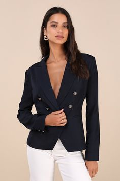 Throw on the Lulus Major Poise Navy Blue Twill Double-Breasted Blazer for a look that will have everyone paying attention! Medium-weight stretch-woven twill shapes this stylish blazer that has a collared neckline with peaked lapels and a double-breasted design with six gold embossed buttons at the front, plus a hidden internal button to secure the silhouette, alongside twin functional welt pockets. Long sleeves with lightly padded shoulders (and matching decorative buttons) frame the bodice, whi Chic Blue Career Blazer, Chic Button-up Career Blazer, Winter Navy Blazer With Double-breasted Buttons, Fitted Navy Blazer With Double Button Closure, Navy Single-breasted Long Sleeve Blazer, Navy Single-breasted Button-up Blazer, Navy Notch Lapel Blazer With Double-breasted Button Fastening, Button Frames, Stylish Blazer