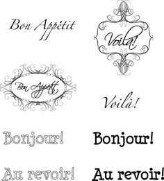 four different types of french calligraphy are in black and white, with the words bonjou written on them