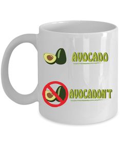 a white coffee mug with avocado and no avocados on it