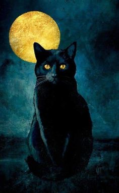 a painting of a black cat sitting in front of a full moon with yellow eyes