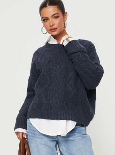 Cable knit sweater Good stretch, unlined Princess Polly Lower Impact 97% reclaimed polyester 3% elastane Cold hand wash Princess Polly Sweater, Vneck Sweater Outfit, Blue Vneck Sweater, Navy Cable Knit Sweater, Cable Knit Sweater Outfit, Knit Sweater Outfit, Friday Outfit, Stitch Sweater, Sweater Outfit