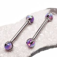 Gorgeous Multi Lavender Opals held in a prong style bezel! Perfect for nipple piercings!Materials - ASTM F136 Titanium / Cabochon OpalSize - 4mm OpalsLength - 12mm, 14mm, 16mmGauge - 16gInternally ThreadedAnodizing AvailableSold in Singles Lavender Opal, Body Accessories, Cool Piercings, Edgy Jewelry, Bar Ring, Fancy Jewelry