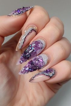 Gem Inspired Nails, Purple Sparkle Nail Design, Gem Stone Nails, Geode Nail Art, Shark Nails, Geode Nails, Stone Nails, Purple Manicure, Rock Nails