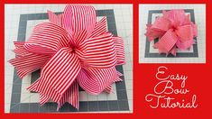 a red and white striped bow on top of a tile floor next to another photo