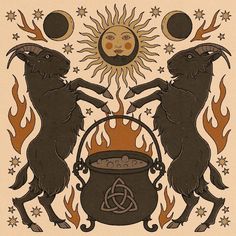 two black goats standing next to each other in front of a fire and moon design