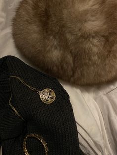 a cat laying on top of a bed next to a black sweater and gold necklace