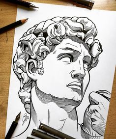 a drawing of a man's head with curly hair and roses in his hair