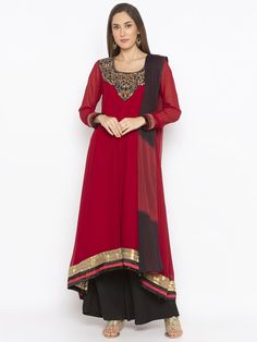 Maroon Asymmetrical Georgette Kalidaar Kurta With Hand Embroidered Neckline Full Sleeves ..Antique Gold And Contrast Satin Pleat Detailing On Asymmetrical Hemline And Sleeves Worn With Black Palazzo’S And Maroon Black Shaded Chiffon Dupatta. Elegant Saree, Eid Collection