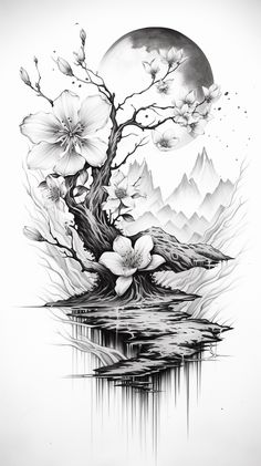 a black and white drawing of a tree with flowers in the water under a full moon