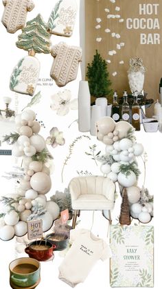 a collage of white christmas decorations and decorating items with text overlay that reads, hot cocoa bar