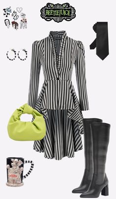 a woman in black and white striped dress with green purse, knee high boots and accessories