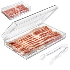 bacon in a plastic container with tongs and toothbrushes next to it on a white background