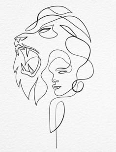 a line drawing of a woman's face with her mouth open and an animal in the background