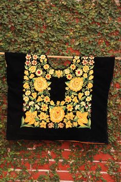 Beautiful Black and yellow Vintage Huipil from Oaxaca by CasaOtomi Mexico, Tenango, mexican wedding, textile, mexican suzani, suzani, embroidery, hand embroidered, otomi, www.casaotomi.com, otomi, table runner, fiber art, mexican, handmade, original, authetic, textile , mexico casa, mexican decor, mexican interior, frida, kahlo, mexican folk, folk art, mexican house, mexican home, puebla collection, las flores, travel tote, boho, tote, handbag, purse, cushion, serape South American Textiles, Dia De Los Muertos Decorations Ideas, Mexican House, Suzani Embroidery, Guatemalan Textiles, Mexican Embroidery, Boho Tote