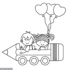 a drawing of two children riding on a train with balloons