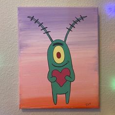 a painting of a green monster holding a heart with barbed wire on it's back