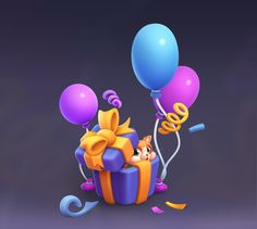 a gift box with balloons and streamers in the air