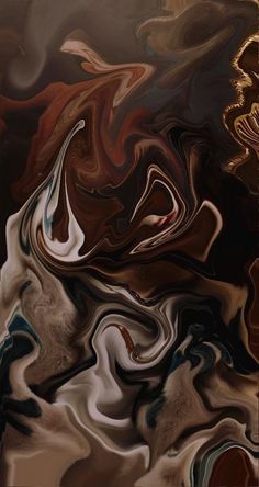 an abstract painting with brown, black and white colors on it's surface is shown