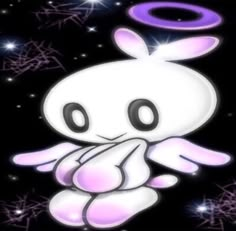 a cartoon character with an angel halo on his head and hands in front of stars