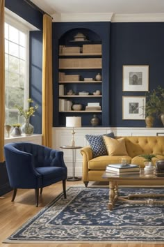 a living room with blue walls and yellow furniture