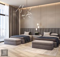 a modern bedroom with two beds and an ottoman