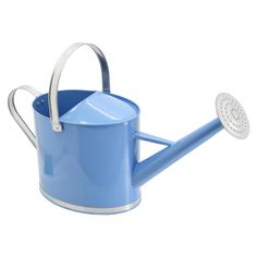 a blue watering can with a metal handle