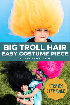 two children wearing wigs with text overlay that reads, big troll hair easy costume piece