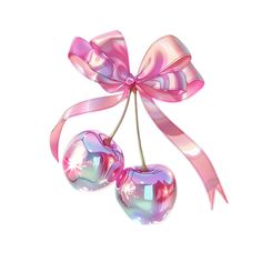 two shiny heart shaped ornaments tied with a pink ribbon