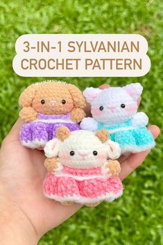 three small crocheted stuffed animals are held in someone's hand with the caption 3 - in - 1 svvaniiann crochet pattern