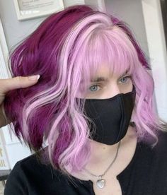 Split Dyed Hair Front Pieces, Unique Vivid Hair Color, Pink And Purple Hair With Bangs, Summer Fun Hair Color, Colorful Split Dyed Hair, Reverse Halo Hair Color, Short Hair Vivid Color, Split Hair Dye Ideas Short, Color Block Vivid Hair