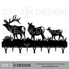 the deer and doe silhouettes are shown in black on white, as well as an ornamental