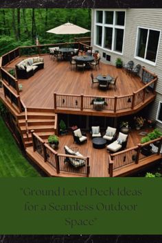 a large deck with chairs and tables on it in the middle of a yard area