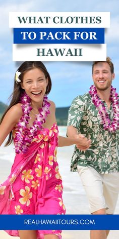 two people walking on the beach with text that reads what clothes to pack for hawaii