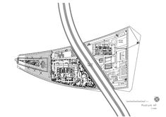 a drawing of a plan for a building in the middle of an intersection with two roads going through it