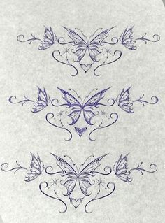 some very pretty designs on white paper with blue ink in the middle and purple butterflies