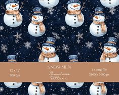 snowmen with hats and scarfs are shown on a blue background, surrounded by snowflakes