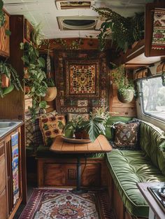 a living area with couches, rugs and potted plants on the wall