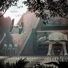 a scene from star wars the old republic, with an at - at walker in front