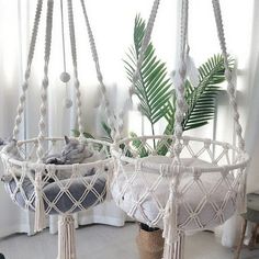 two hammocks hanging from the ceiling in a room