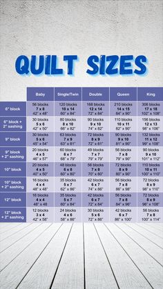 an image of a table with measurements for quilt sizes