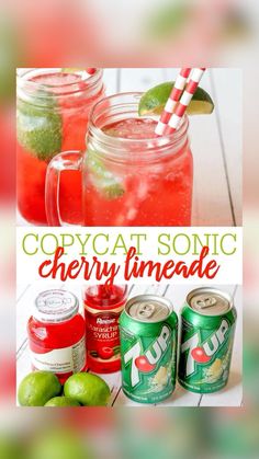 two mason jars filled with red and green drinks