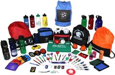 an assortment of sports items including water bottles, pens, markers and other personal items