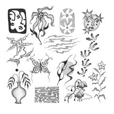 an ink drawing of different designs and shapes