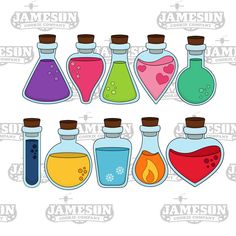 an assortment of different colored flasks and beakles with labels for each one