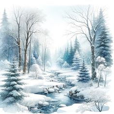 a winter scene with snow covered trees and stream