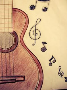 a drawing of an acoustic guitar with musical notes